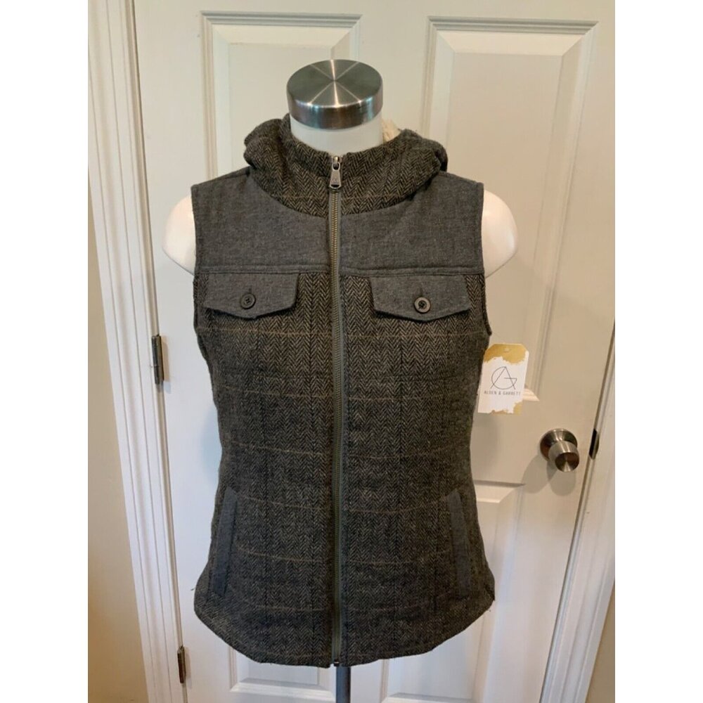 Prana Gray Herringbone Hooded Vest W/ Shearling Lining, Size XS